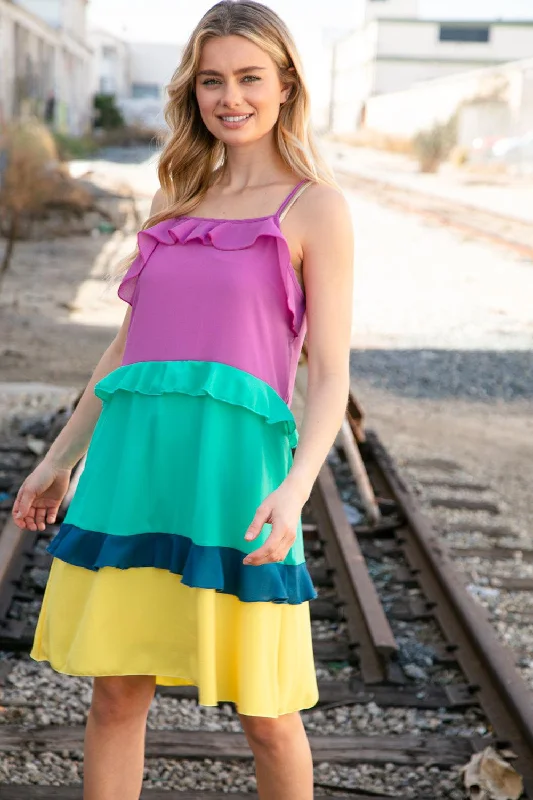 Purple Seafoam Color Block Tiered Ruffle Dress