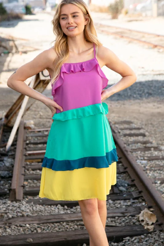 Purple Seafoam Color Block Tiered Ruffle Dress