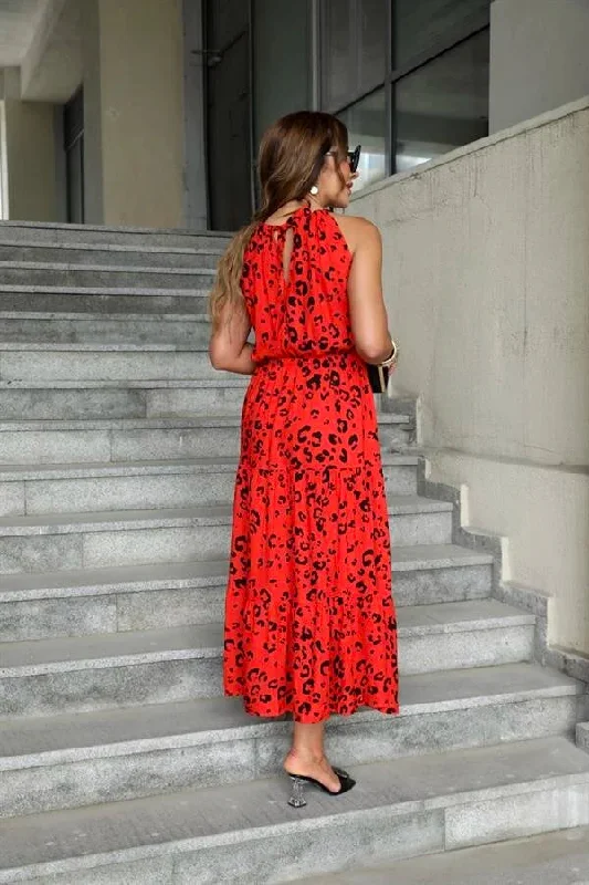 Red Black Patterned Halter Dress