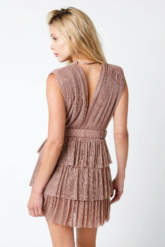 Sabrina Pleated Deep V Dress in Blush