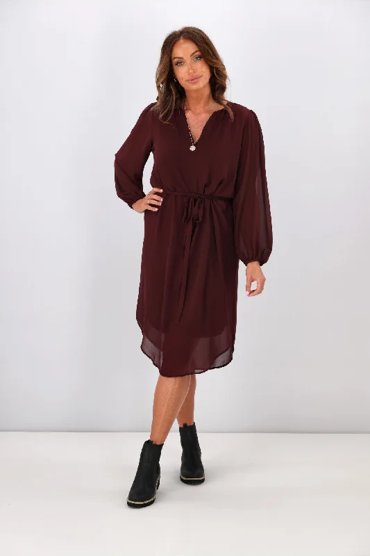 Shine On Label Zaya Placket Neck Dress Deep Wine