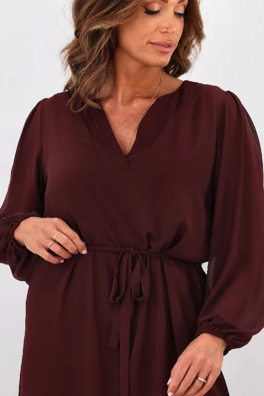 Shine On Label Zaya Placket Neck Dress Deep Wine