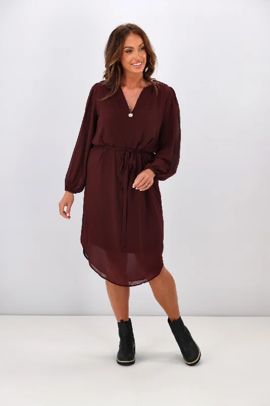 Shine On Label Zaya Placket Neck Dress Deep Wine