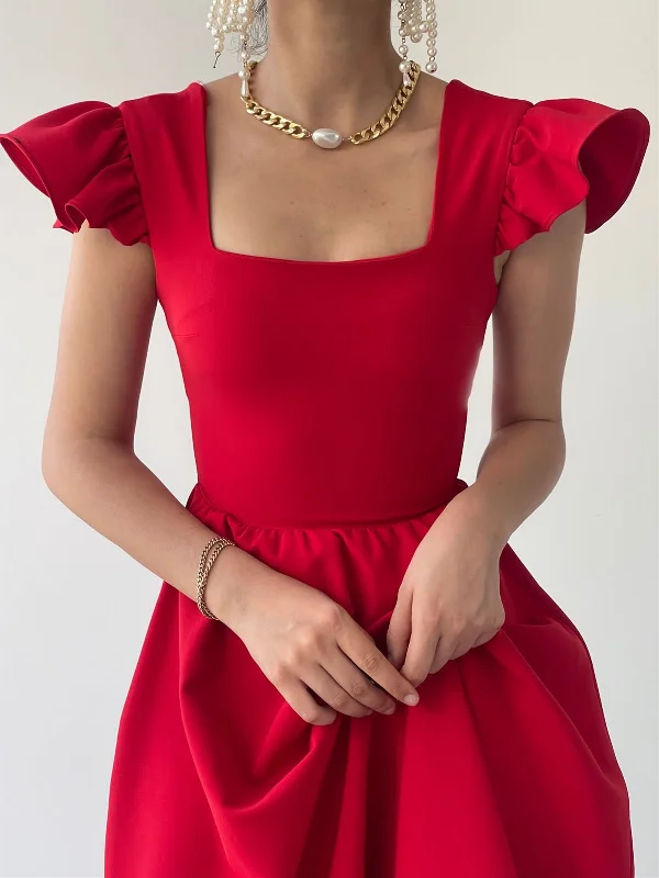 Square Neck Shoulder Detail Midiboy Dress - RED  REF : b872_S