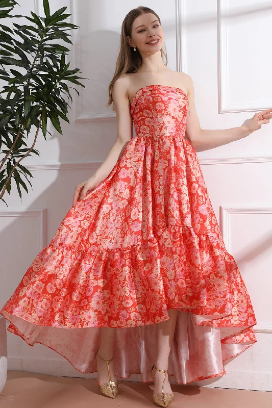 Strapless Floral Print Satin High Low Dress with Pocket