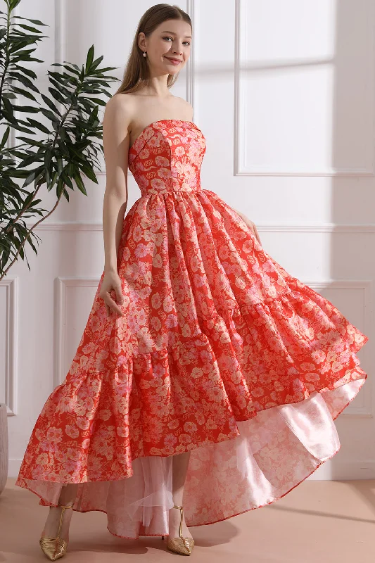 Strapless Floral Print Satin High Low Dress with Pocket