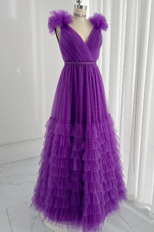 Straps V Neck Tiered Tulle Evening Dress