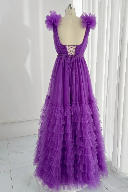 Straps V Neck Tiered Tulle Evening Dress