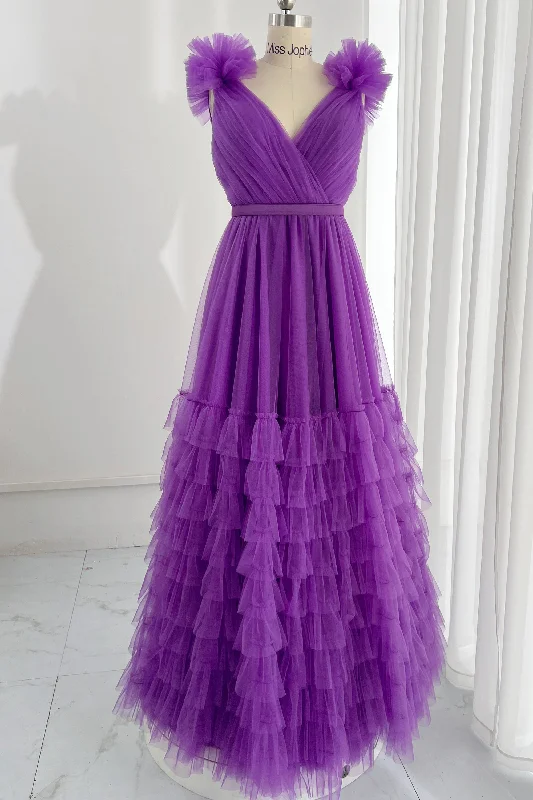 Straps V Neck Tiered Tulle Evening Dress