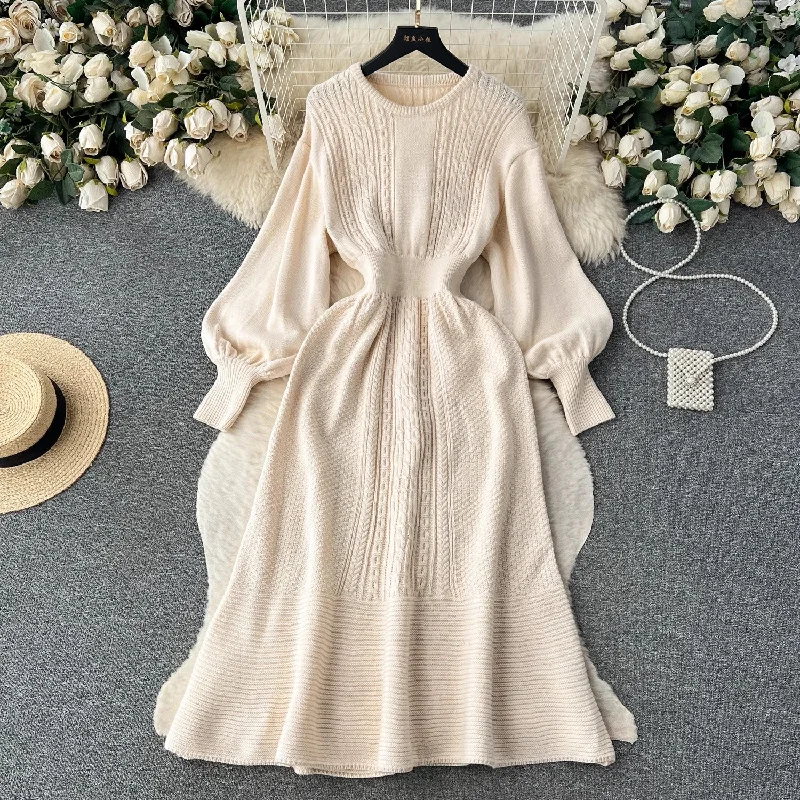 sweater round nec mid-length puff sleeve knitted dress     S4507