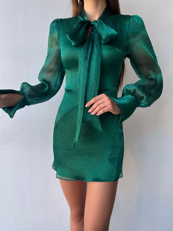 Tie Front Ribbon Long Tulle Sleeve Willie Women's Emerald Mini Dress REF : 23K000178