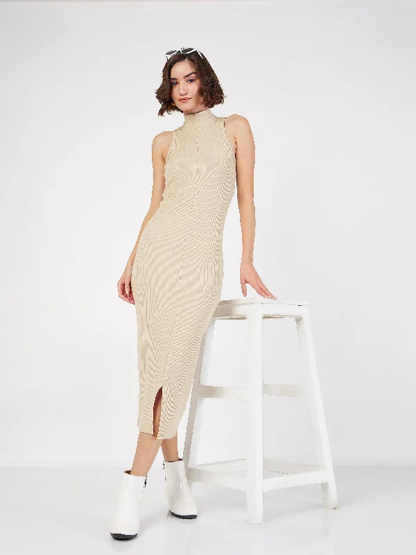 Women Beige Rib Turtle Neck Sleeveless Midi Dress