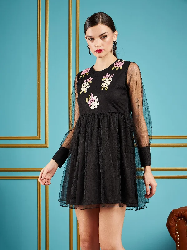 Women Black Front Embellished Mesh Skater Dress