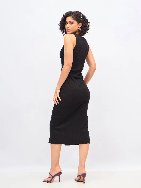 Women Black Rib Front Button Bodycon Midi Dress