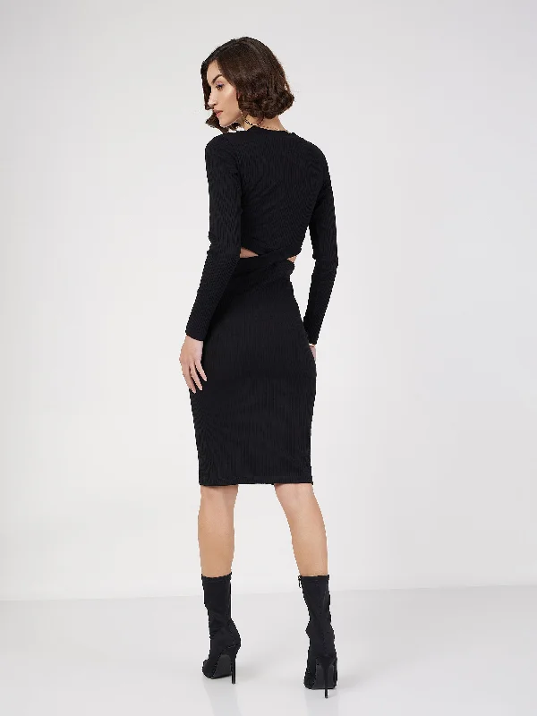 Women Black Rib Side Cut-Out Midi Dress