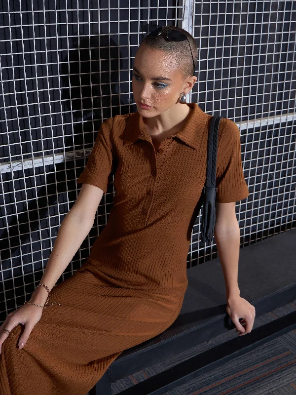 Women Brown Rib Polo Neck Bodycon Midi Dress