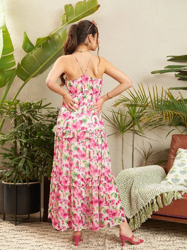 Women Pink Floral Strappy Ruflle Maxi Dress