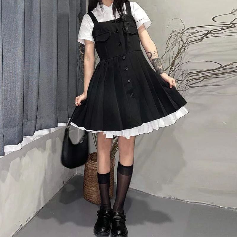 Women's Harajuku Single-breasted High-waisted Overalls Dresses