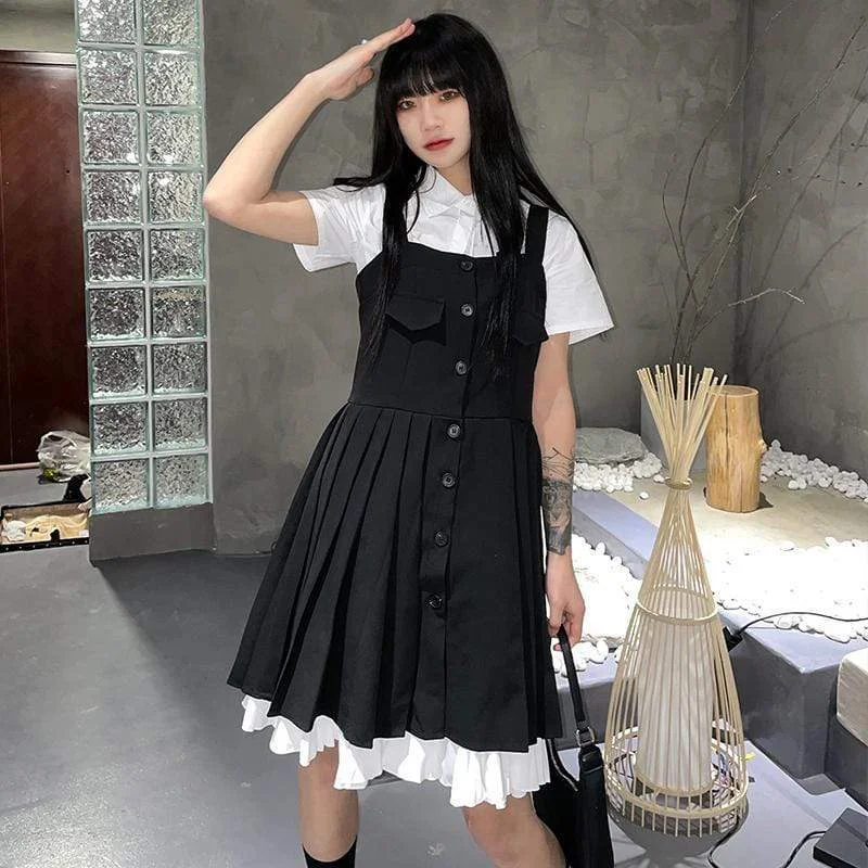 Women's Harajuku Single-breasted High-waisted Overalls Dresses