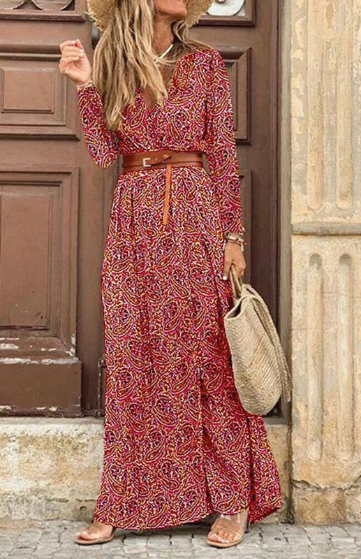 Women's Printed Long Sleeve Side Split Floor Length Dress With Belt