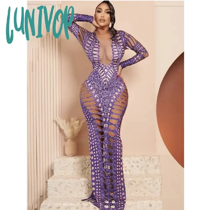 Lunivop Summer Women Long Sleeve Mesh Purple Cut Out Maxi Long Dress Birthday Party Costume Bar Nightclub Stage Performance Dress