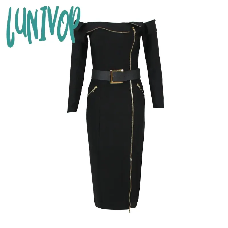 Lunivop Women Celebrity Sexy Off Shoulder Zipper Long Sleeve Black Belt Midi Bodycon Bandage Dress Elegant Evening Club Party Dress