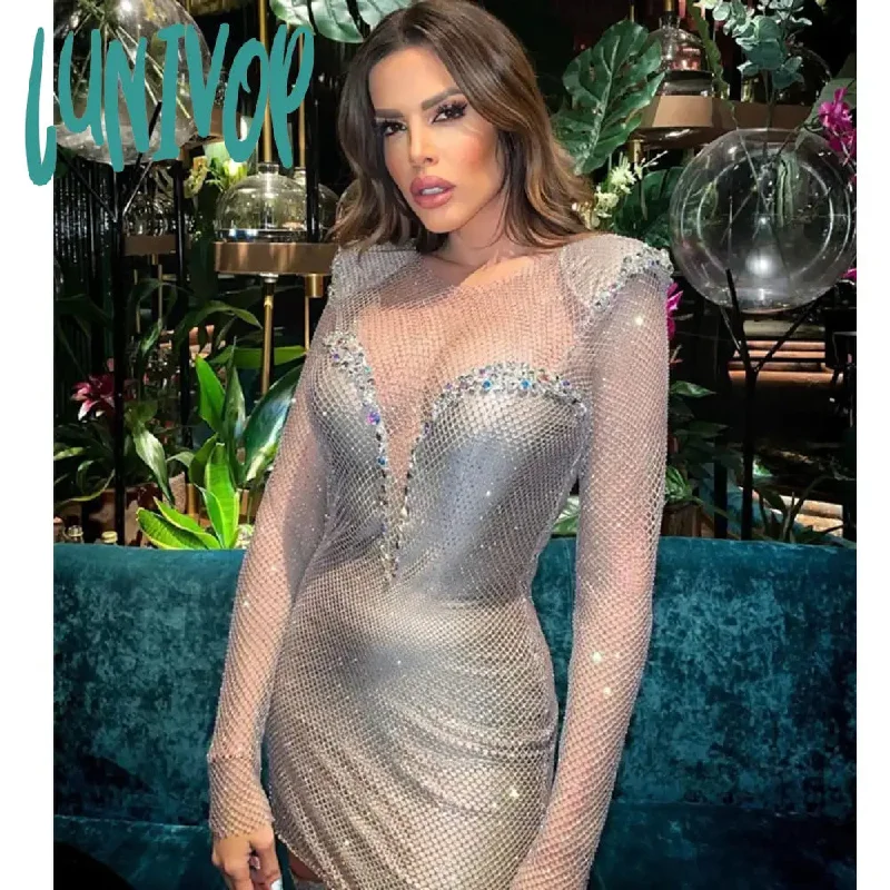 Lunivop Women Summer Sexy Long Sleeve O Neck Beading Diamonds Beige Mini Bodycon Bandage Dress Elegant Evening Club Party Dress