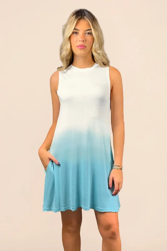 Blue Lagoon w/ Soft Ivory Bleached Bottom Rayon Spandex Mock Neck Dress