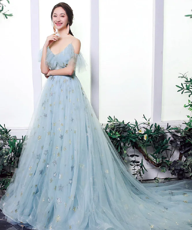 Blue tulle sequins prom dress formal dress  8298