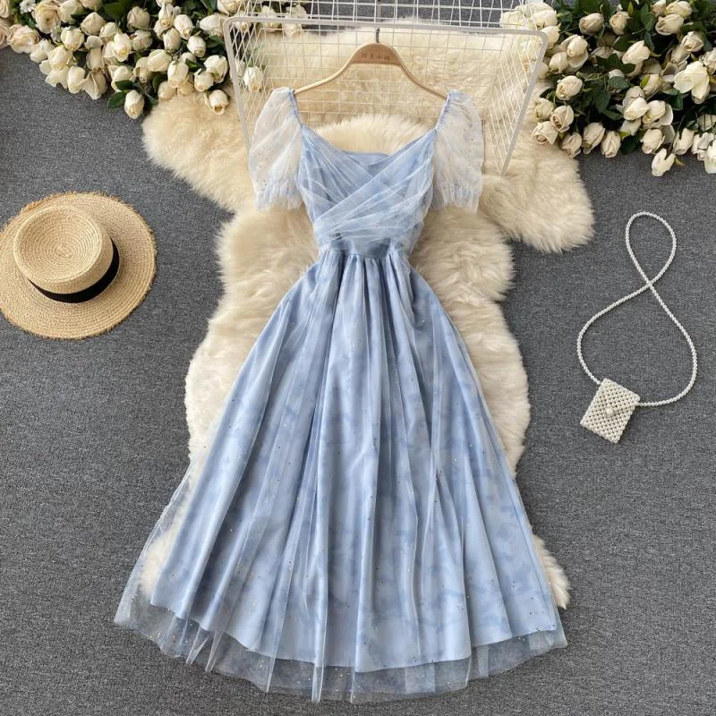 Blue tulle short A line dress fashion dress  390