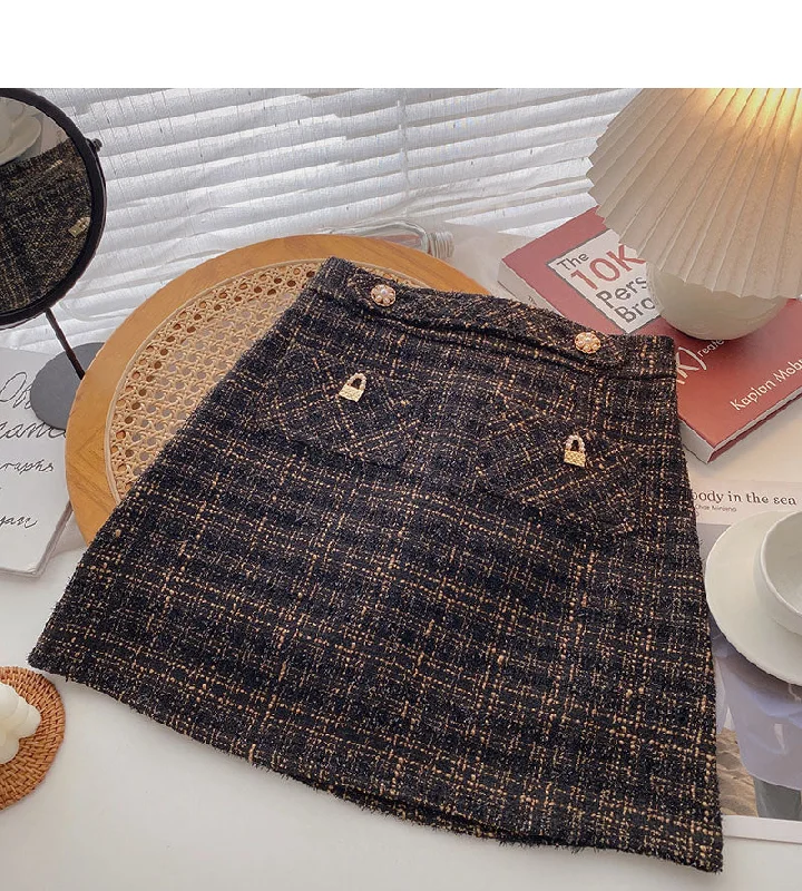 Bright silk tweed short skirt women's Retro Plaid high waist A-shaped skirt  5510