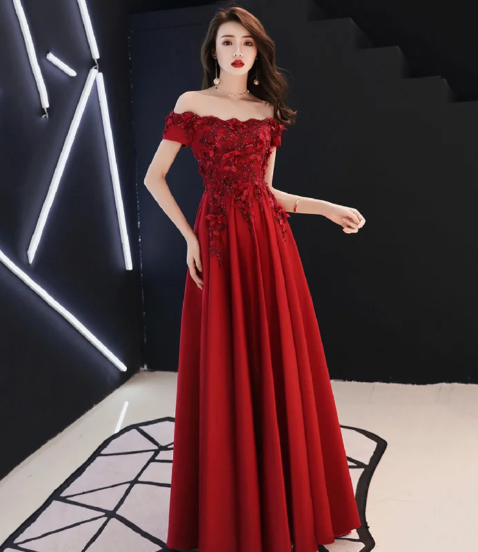 Burgundy satin lace long prom dress A line evening dress  10565