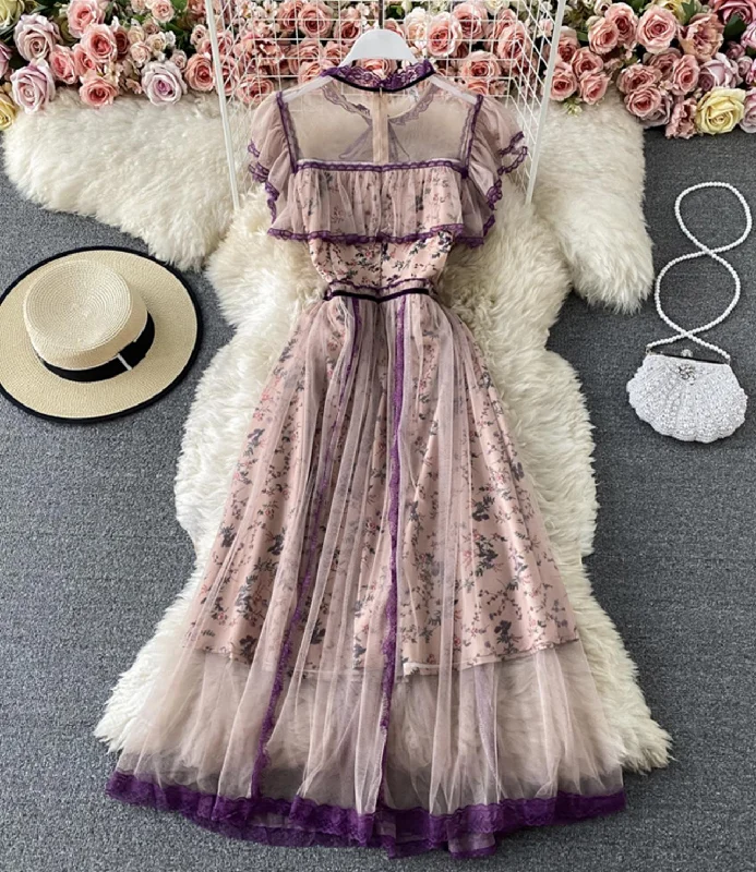 Cute A line dress purple lace dress  823