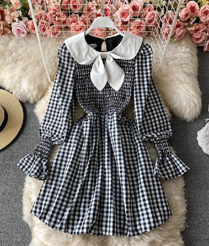 Cute A line short dress black and white plaid dress  877