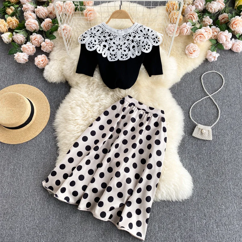 Cute knitted short-sleeved blouse for age reduction all-match polka-dot skirt fashion two-piece suit  598