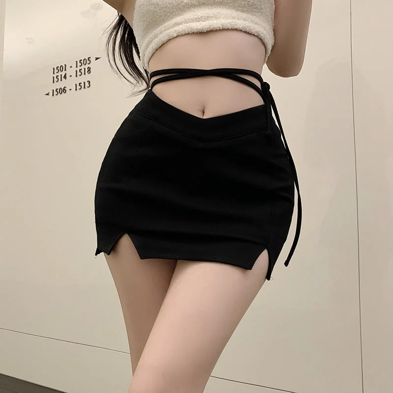 High waist black slit bag hip skirt YV47174