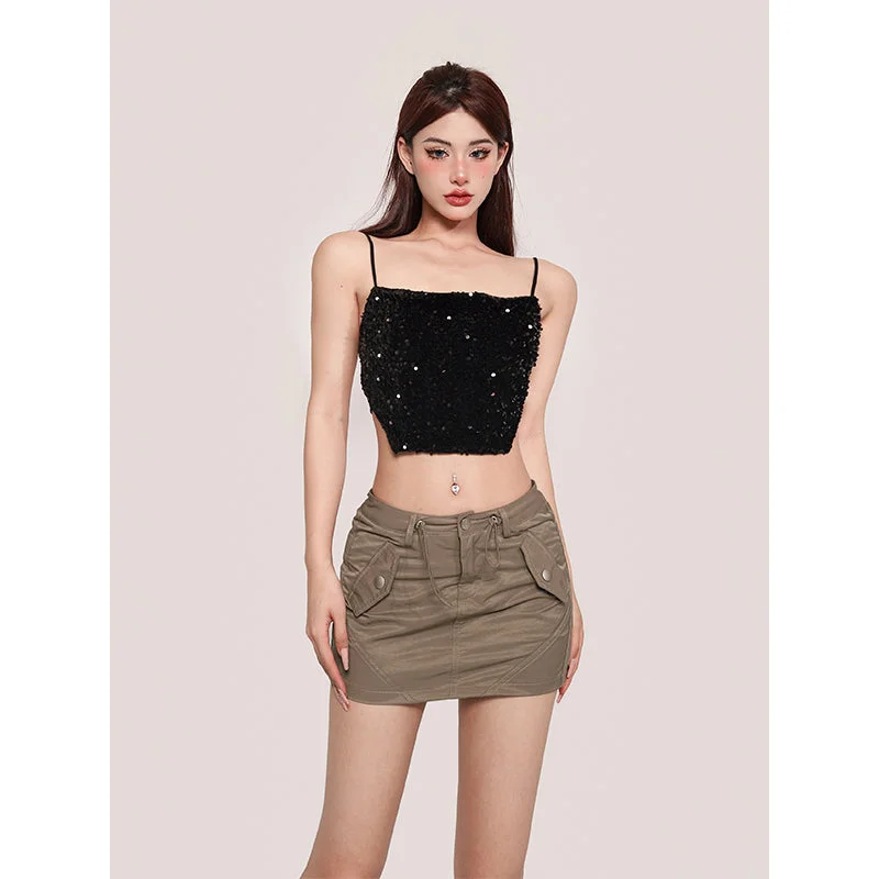 Jaine Solid Color Multi-Pocket Cargo High Waist Slim Mini Skirt