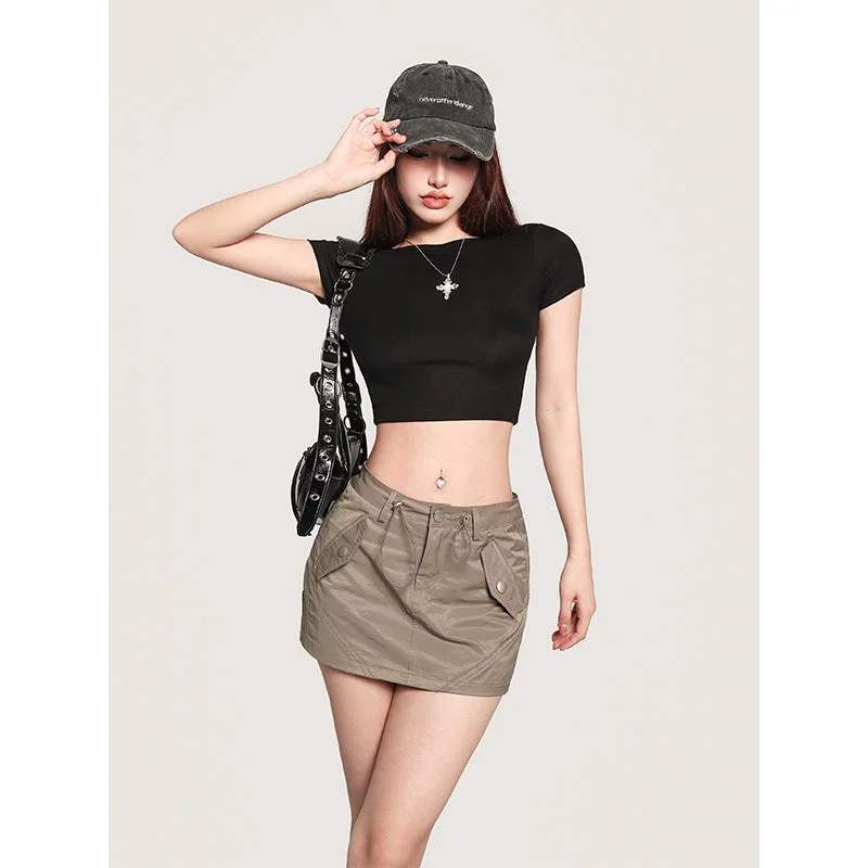 Jaine Solid Color Multi-Pocket Cargo High Waist Slim Mini Skirt