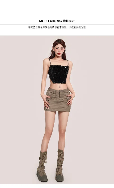 Jaine Solid Color Multi-Pocket Cargo High Waist Slim Mini Skirt