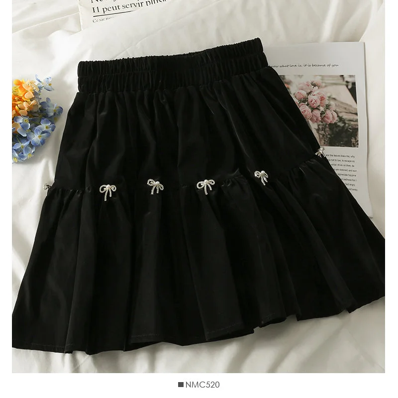 Korean bow decorative elastic waist thin A-line skirt  2484