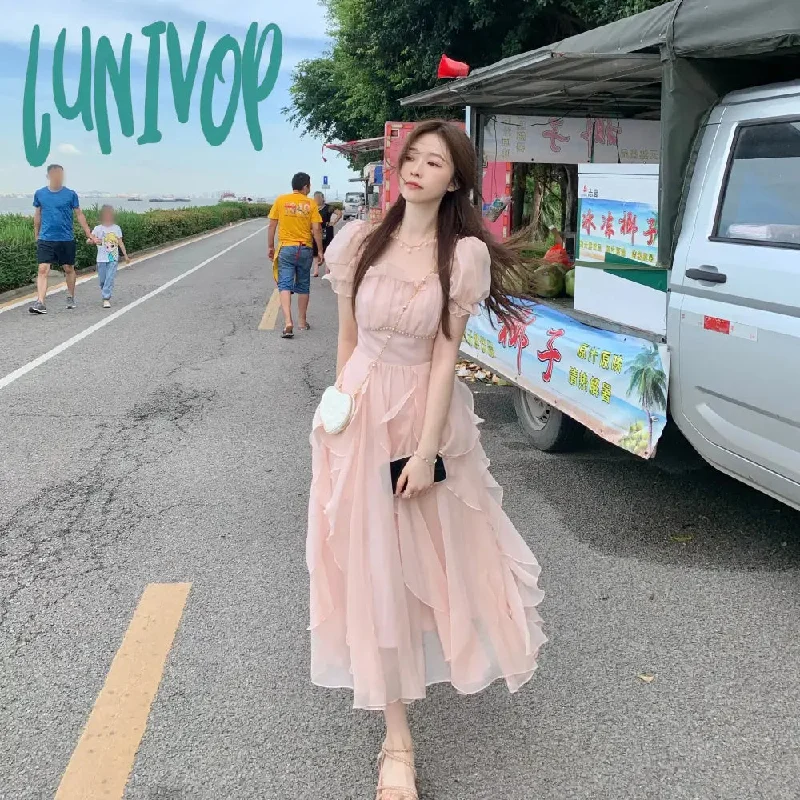 Lunivop Summer Chiffon Fairy Dress Women Solid Elegant Party Midi Dress Female Casual Sweet Korean Fashion Pink Dress New Clothes