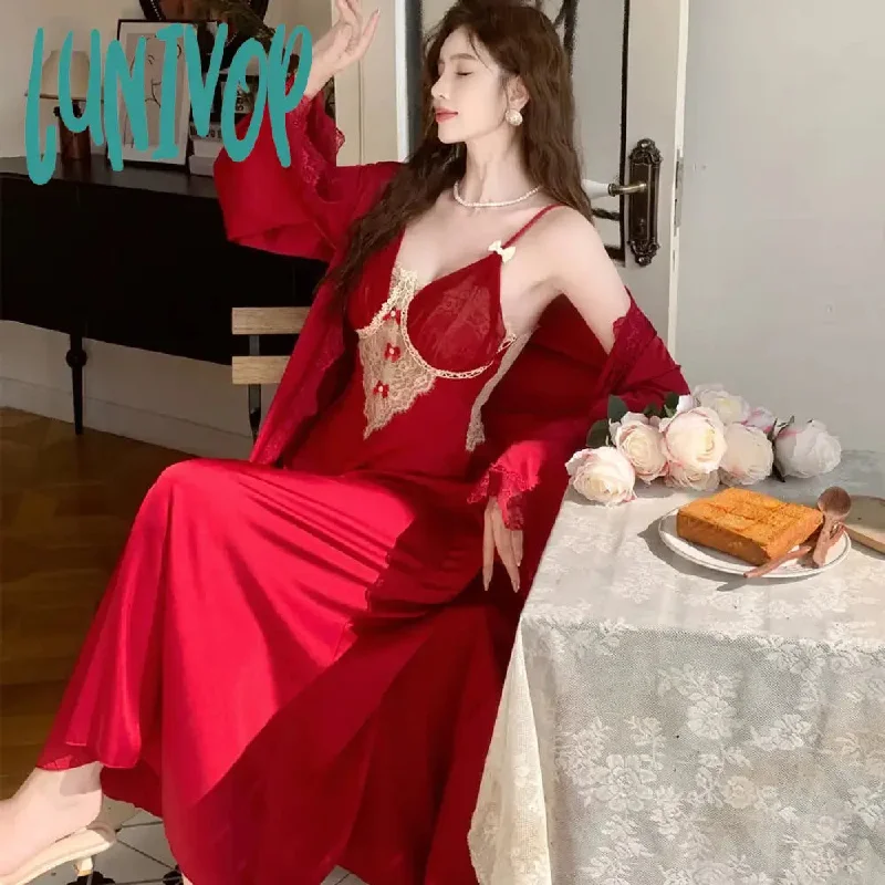 Lunivop Summer Sweet Ice Silk Robe Sets Fairy Women Satin Nightdress Two Pieces Sexy Solid Color Peignoir Romantic  Princess Sleepwear