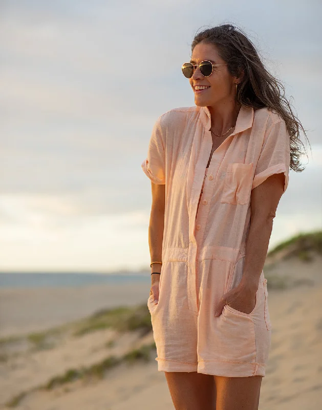 Nyla Linen Romper: Peach Chambray