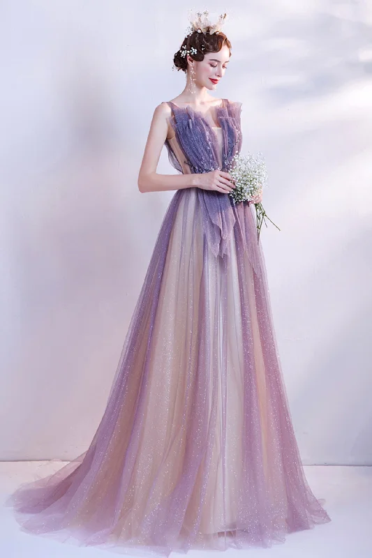 Purple tulle long A line prom dress evening dress  8748